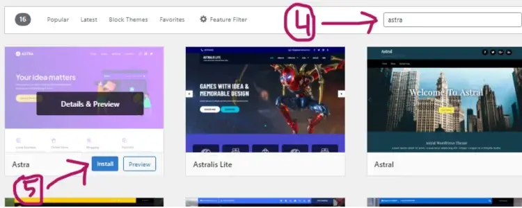 Search 'Astra Theme', then install and activate.