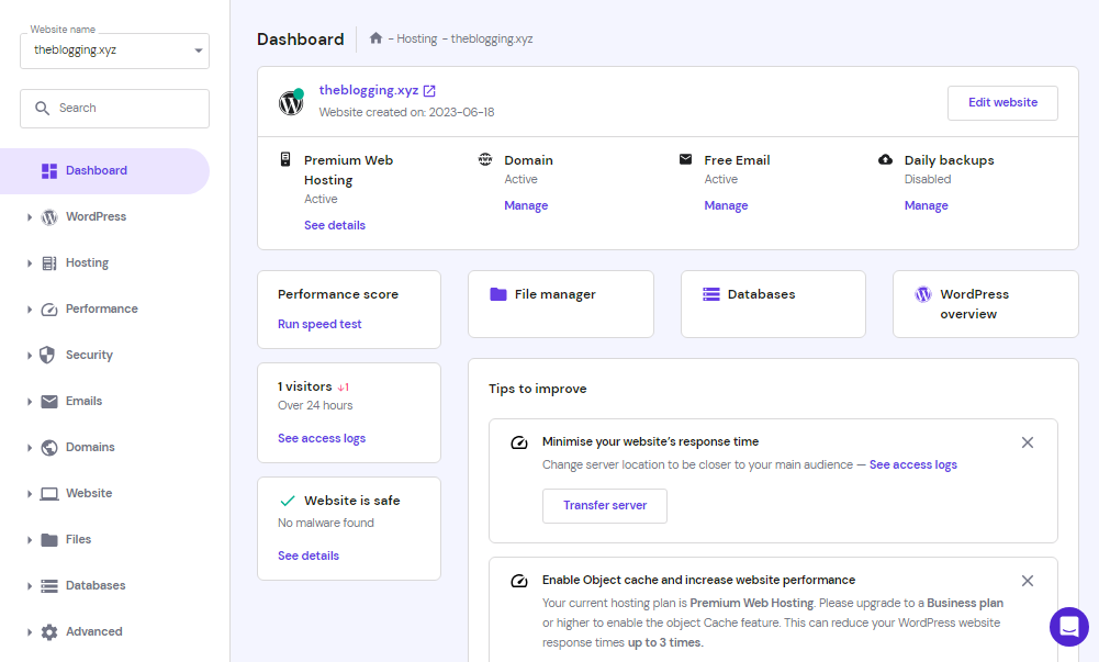 For example, your site will look like this in the C-panel at Hostinger.