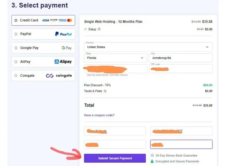 select payment option and country and submit address
