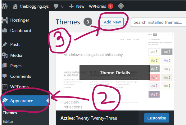 Appearance and add new theme in WordPress dashboard view