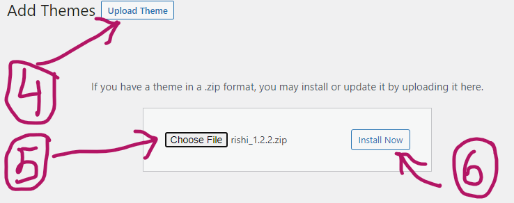 upload and install now options view in the WordPress dashboard